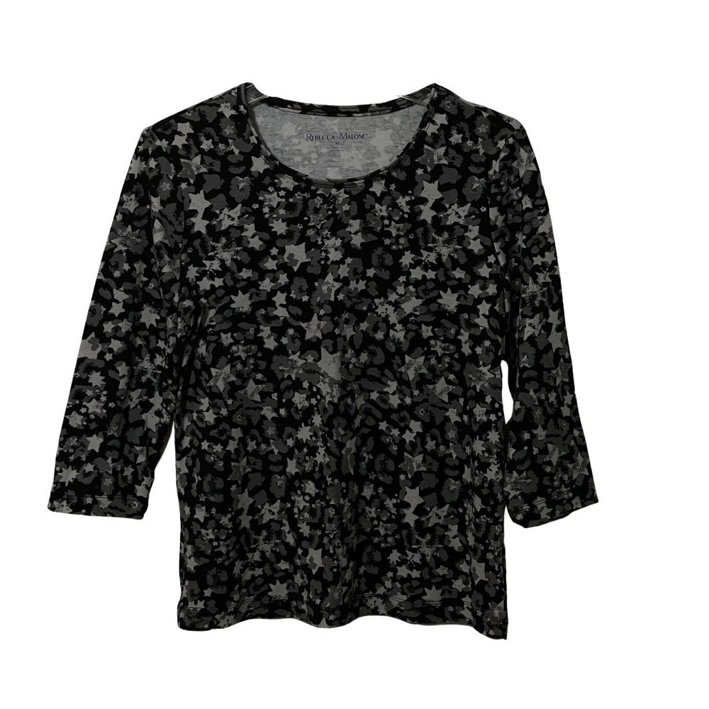 Rebecca Malone Shirt Top Medium Black Gray Stars 3/4 Sleeve Scoop Neck